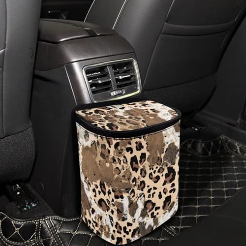 Image of Talayituse Brown Leopard Cow Print Car Trash Can with Lid, Leak Proof Auto Trash Bag Hanging Vehicle Garbage Can Multipurpose Storage Container for Back Seat Road Trip