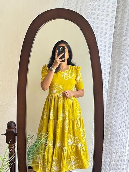 Image of Women's Floral Printed Tiered Midi Dress, Puff Sleeves, Square Neck, Button-Front