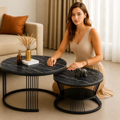 Image of Brown Art SHOPPEE Round Coffee Table Home Decor Furniture Coffee Table Sets,2 Piece MDF Top,Stacking Nesting Table with Iron Frame for Living Room Living Room or Lounge (Full Black)