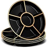 PLASTICPRO 6 Sectional Round Plastic Serving Tray/Platters Black & Gold Pack of 2