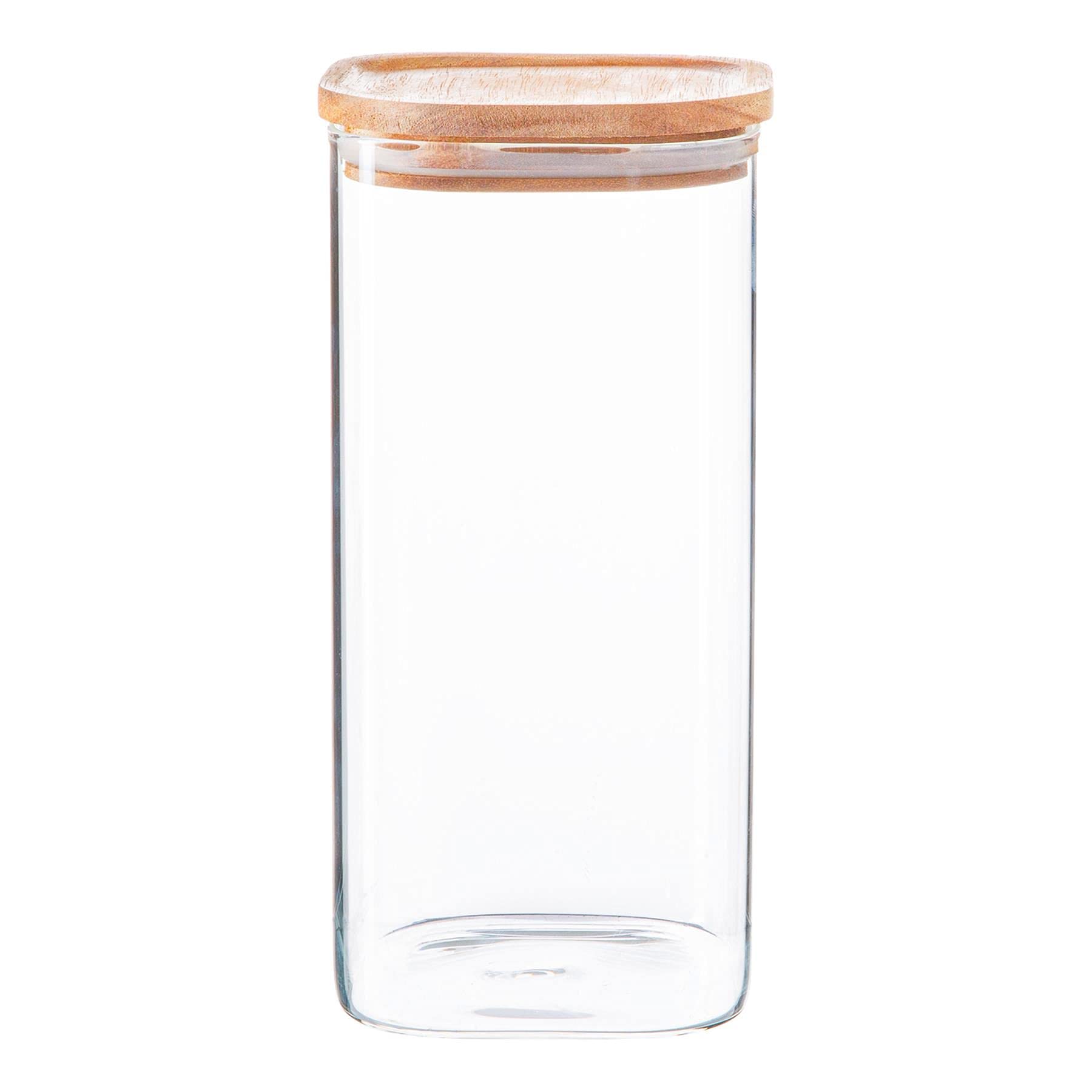 Argon Tableware Transparent Square Glass Storage Jar With Airtight Wooden Lid - 1500Ml - Modern Kitchen Container Preserving Jars For Pickling, Chutney, Jam, Coffee, Olives, Sugar, Spices