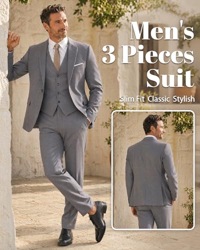 Image of MY'S Men's 3 Piece Suit Set with Tie, One Button Slim Fit Solid Jacket Vest Pants, Prom Party Wedding Business Suits for Men