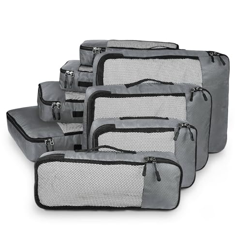 Image of FATMUG Packing Cubes Travel Pouch Bag Organiser Set of 8 (2x Large-Medium-Small and Slim) - Grey, Fabric