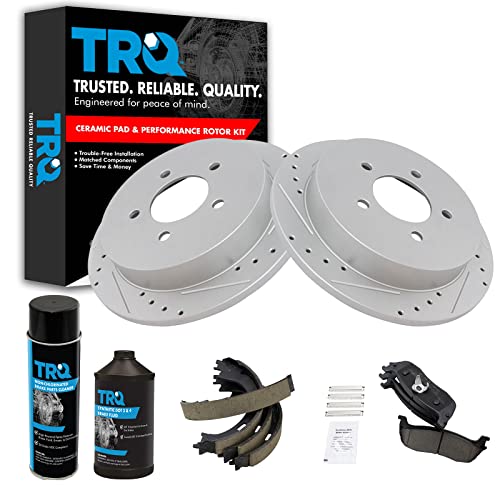 Image of TRQ Performance Rear Brake Pad & Rotor Kit Premium G-Coated Ceramic Slotted X Drilled Compatible with 97-02 Ford Expedition 99-03 F-150 2004 F-150 Heritage 2002 Lincoln Blackwood 98-02 Navigator