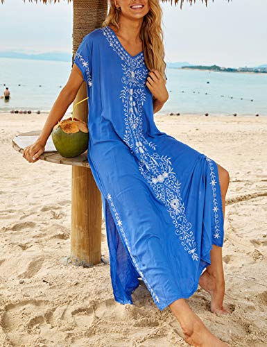 Busbseach Caftan Dresses for Women Embroidery Short Sleeve Beach Cover Up V Neck Maxi Kaftan Dress3