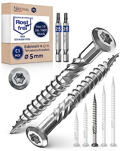 Torx - Lot de 500 vis à bois de 5 x 60 et 2 embouts hexagonaux correspondants - Pour terrasse - En acier inoxydable C1 Avec tête bombée - Encoche de coupe...