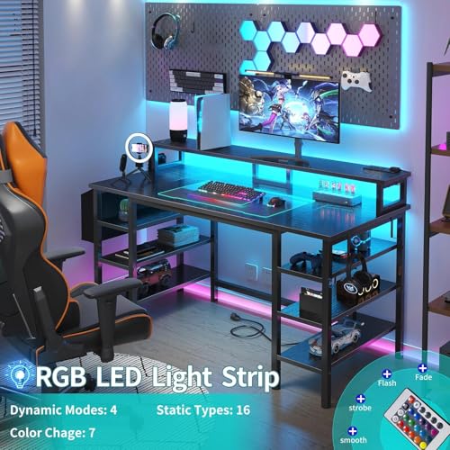 Image of Lufeiya Gaming Desk with LED Lights and Storage Shelves, 47 inch Computer Desk with Power Outlets, Home Office Desk with Monitor Stand, Writing Table PC Desks, Black