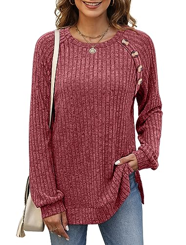 Image of Bofell Long Sleeve Shirts for Women Lightweight Button Decor Tunic Tops Side Split