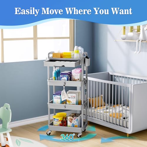 Image of SUNALLY 4 Tier Rolling Utility Cart with Drawer, Storage Organizer Cart with 2 Lockable Wheels, Multifunctional Rolling Storage Cart for Bathroom, Kitchen, Craft, Makeup, Baby Essentials, Gray