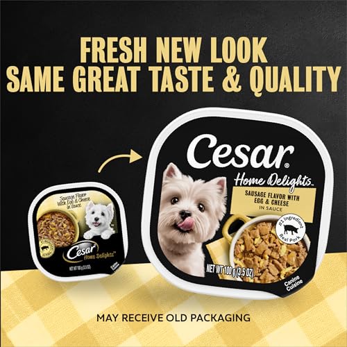 Image of Cesar Home Delights Wet Dog Food, Sausage, Egg & Cheese, 3.5 oz, 24 Count | Real meat #1 ingredient, 100% complete & balanced, easy to digest, no fillers, no artificial flavors, easy peel trays