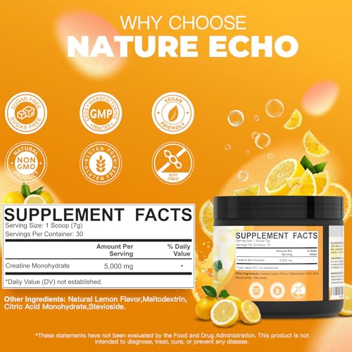Image of Creatine Monohydrate Powder - Lemon - 30 Servings | 5g of Creatine Monohydrate - Supports Muscle, ATP Production, Energy, Strength - Vegan, Gluten Free