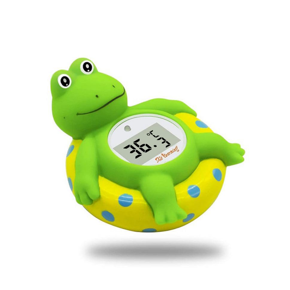 Désir de poupée [grenouille verte avec bouée jaune] Thermomètre de bain pour bébé pour tout-petits, jouet de bain flottant, thermomètre de bain...