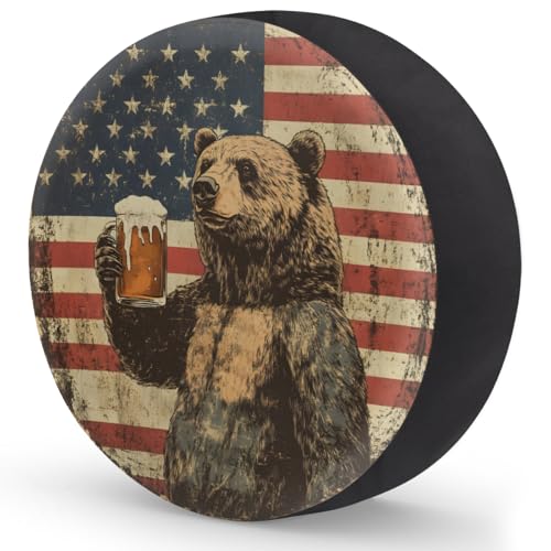 Image of Spare Tire Cover Bear American Flag Wheel Covers Protectors Waterproof Dust-Proof Universal Fit Trailer, RV, SUV and Many Vehicle (16 inch for tire Diameter 29.52 inch-31.10 inch)