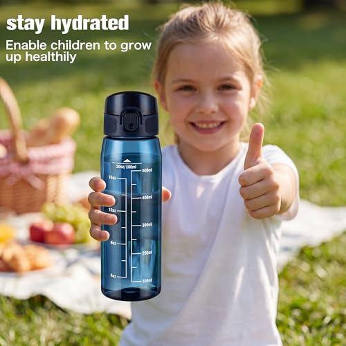 Image of GOPPUS 20oz Kids Water Bottle with Time Marker & Handle, Tritan BPA-Free, Reusable Leakproof Anti-Dust Everyday, Clear Kids Water Bottles For School,Car Travel, Gifts Boys Girls(Navy Blue)