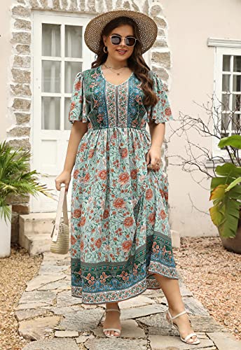 Image of Nemidor Womens Plus Size Maxi Dress Summer Boho Sundress Floral Print Flared Casual Long Dresses with Pocket