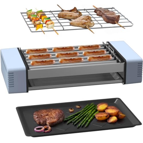 3 in 1 Electric Hot Dog Roller Machine for home,Compact Indoor Grill with Removable 6 Hotdog Roller Grill Nonstick Grate & Pan,Fits 9 Sausage for Family BBQ,Game Night