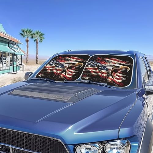Image of Car Windshield Sun Shade Foldable 2pcs Cool Eagle Ameican Flag Automotive Front Window Sunshade Protector Accessories for Car Truck SUV Auto Sun Heat and UV Rays Blocker