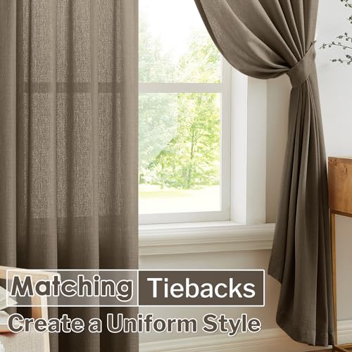 Image of Melodieux Brown Semi Sheer Curtains 84 Inches Long for Living Room Bedroom, Farmhouse Linen Look Shiny Sheer Curtain Drapes Rod Pocket Light Filtering Home Office, 52 inch W x 84 inch L, 2 Panels