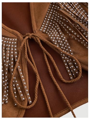 OYOANGLE Women's Studded Fringe Trim Tie Front Vest Top Boho Hippie Western Cowgirl Sleeveless Jacket Outerwear3