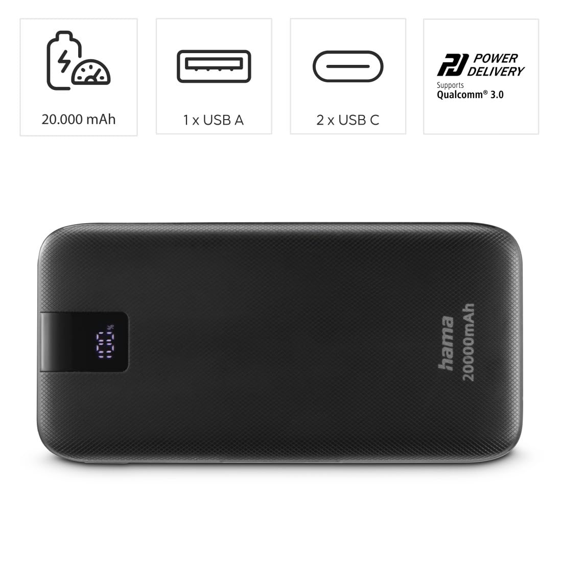 Hama Power Pack do ładowania telefonu 20000 mAh (powerbank, szybkie ładowanie, 2 x USB C, USB C, pojemny, lekki, ładowarka, Power Delivery, Qualcoom Quick Charge, Fast charge) antracyt