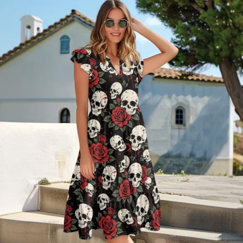 Image of Women's Casual Ruffle Sleeve Dress V Neck Pullover Dress Flowy A-Line Pleated Lightweight Dress with Pockets