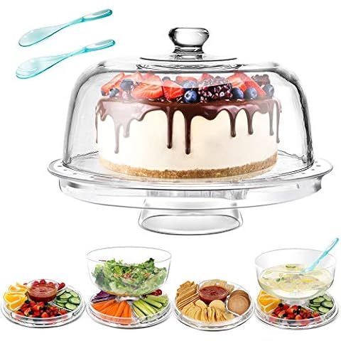 Masthome Tortenplatte,6 in 1 Multifunktional Kuchenteller, Tortenständer mit Deckel, Tortenplatte mit Fuß und Haube, Kuchenplatte Rund Φ31cm-Hergeben 2 Salatlöffel Cover
