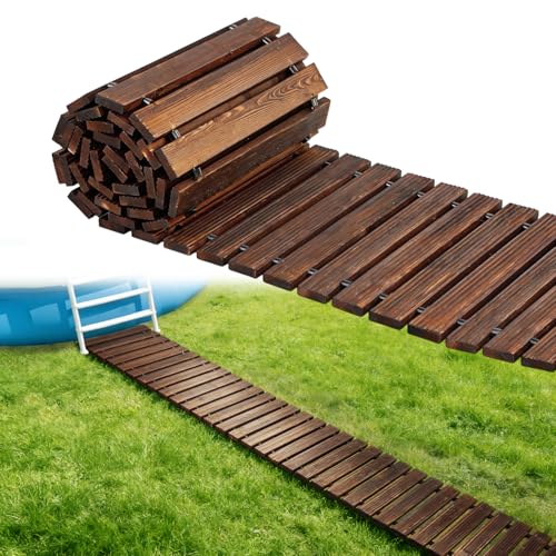 MEWTOGO 10ft Anti-Slip Wooden Pool Walkway for Above Ground Pools Weather-Resistant Carbonized Wood Roll-Up Pathway Helps Keep Dirt & Mud Out Boardwalk for Pool Ladder Area (Brown)