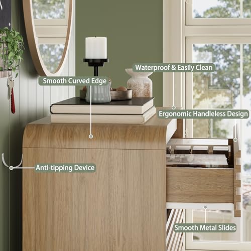 Image of 5 Drawer Dresser for Bedroom, 45 inch Tall Fluted Dresser with Curved Edge and Ergonomic Handleless, Large Wooden Clothes Storage Organizer, Modern Chest of Drawers for Closet, Living Room, Natural Wood