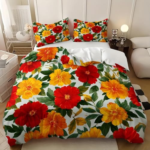 Juego De Ropa De Cama 80/90 cm PatróN Floral Rojo Funda De Edredón Microfibra Suave Azul Cremallera Funda Nórdica Y Funda De Almohada, para Familias Y Adulto 135x200 cm