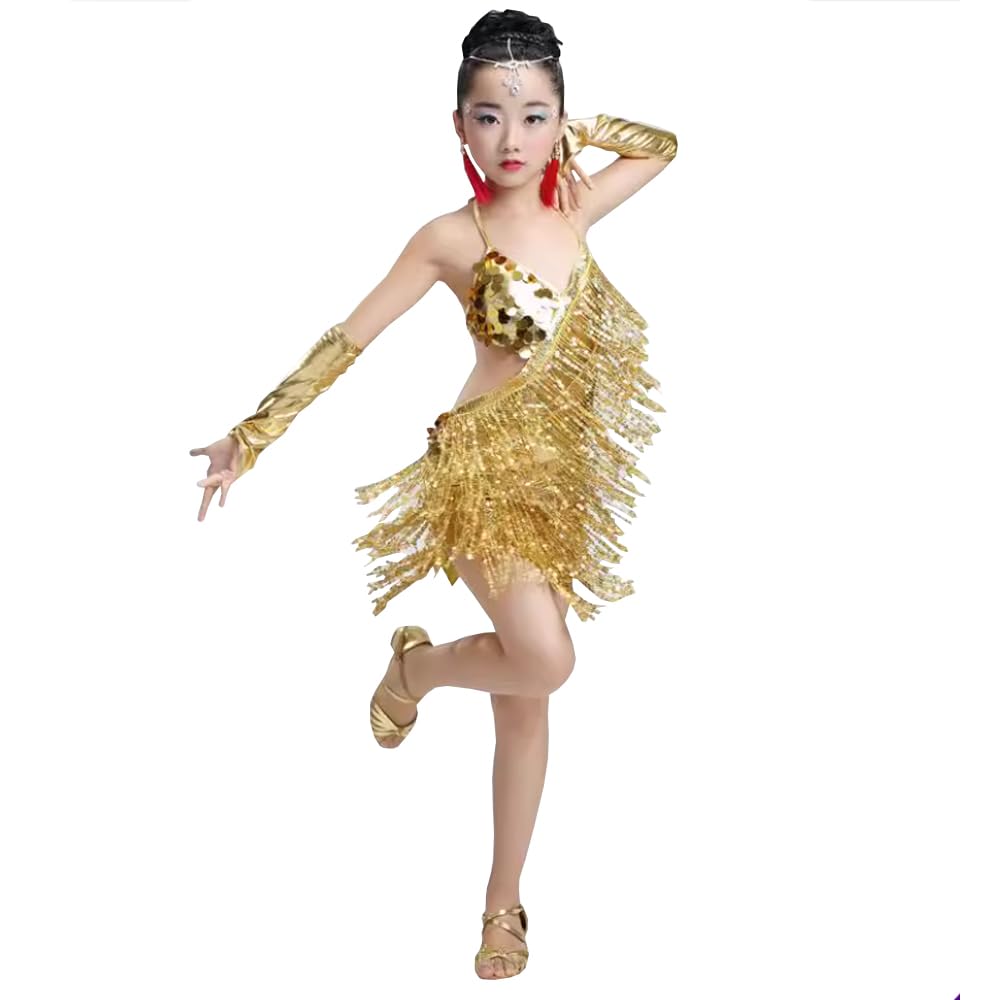 Filles Vêtements de Danse étincelants Enfants Paillettes Robe de Danse à Franges Performance Costume de Bal Enfants Salsa Tango Latin Vêtements de Danse (Tailles Plus Petites)