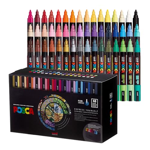 Image of POSCA PC-5M Water-Based Paint Markers, Medium Point (1.8-2.5mm), Assorted Colors, 48 Pack with Display Caddy