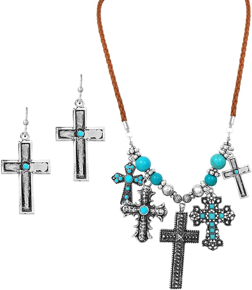 Rosemarie's Religious Gifts Women's Cowgirl Chic Statement Western Style Christian Turquoise Cross Charms On Vegan Leather Braided Cord Necklace Earrings Gift Set,18"+3" Extension