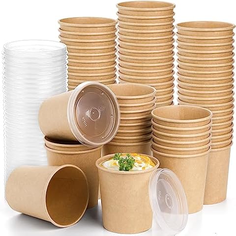 Lyellfe 80 Pack Paper Soup Containers with Lids, 16 Oz Disposable Kraft Paper Food Cups, To Go Take Out Cups for Hot Cold Drinks, Microwavable Freezer Safe Cover