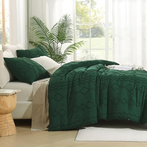 Image of Andency Comforter Full Size Emerald Green, 3 Pieces Dark Green Boho Tufted Geometric Shabby Chic Bedding, Soft Fluffy Farmhouse Bed Set, Jacquard Textured Comforter for All Season(79x90 Inch)