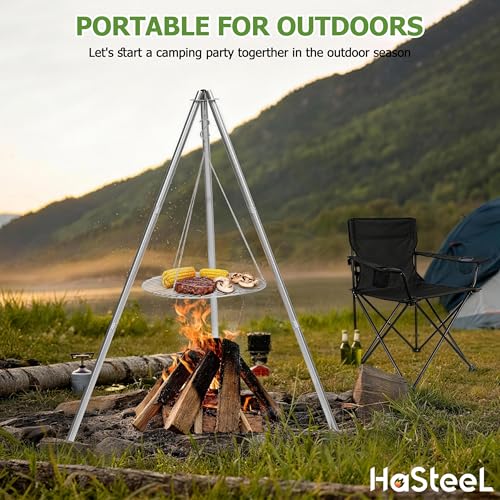 Image of HaSteeL Campfire Tripod for Cooking, Stainless Steel Camping Tripod Grill for Outdoors Beach Backyard Firepit BBQ, Openfirer Stand Hanger with 17 inch Folding Rack & 6 Barbecue Tools, Adjustable Height
