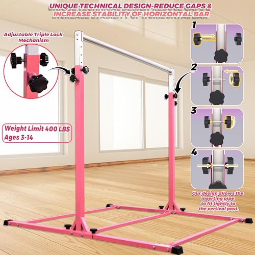 PreGymnastic Sturdy High Bar for Training 48\'\'-71\'\' Heights Adujustable-No Wobble Gymnastic Bar for Kids Ages 3-14 Years, Weight Limit 400 lbs, Gymnastic Kip Bar for Boys and Girls at Home or Gym - Thumbnail 4