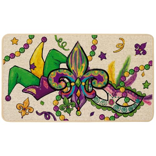 Baccessor Tapete de Mardi Gras de 17 x 29 pulgadas, diseño de sombrero de bufón con cuentas de máscara de carnaval, morado y verde, tapete decorativo para puerta delantera, interior y exterior, parte