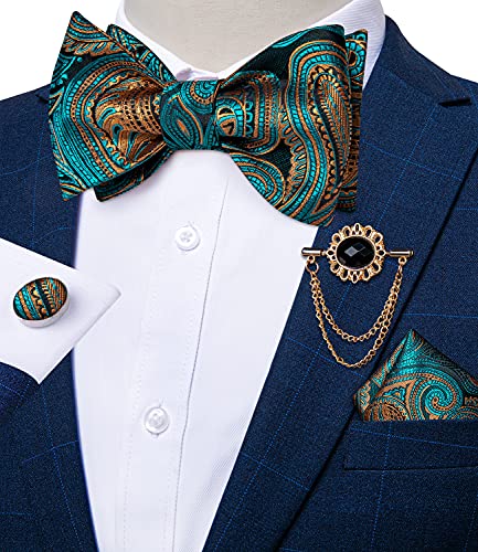 Image of DiBanGu Silk Woven Bowtie Mens Self Bow Tie Set with Lapel Pin | Paisley Floral Pattern,Bow Ties for Men,Easy to Match,Lapel Pin, Pocket Square,Cufflinks,Wedding Ceremonies,Party Occasions