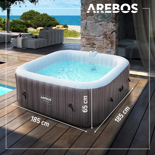 Arebos Spa Whirlpool 2400W | In-Outdoor Pool | für 6 Personen 185x185cm | 130 Massagedüsen | 910 L mit Heizung | Aufblasfunktion per Knopfdruck | Inkl. Abdeckung | Bubble Spa & Wellness Massage
