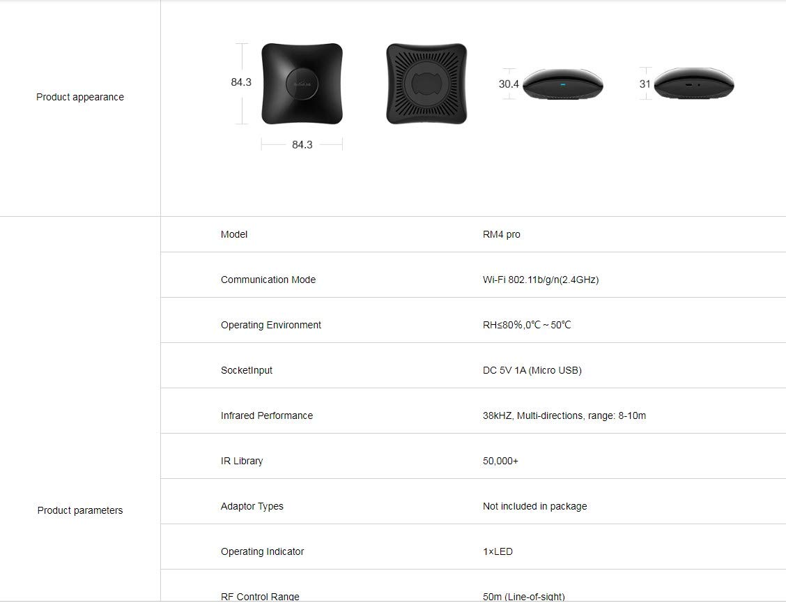 Broadlink RM4 Pro Télécommande Universelle IR RF Smart Remote 433 MHz Hub sans Fil Contrôleur WiFi Compatible Alexa/Google