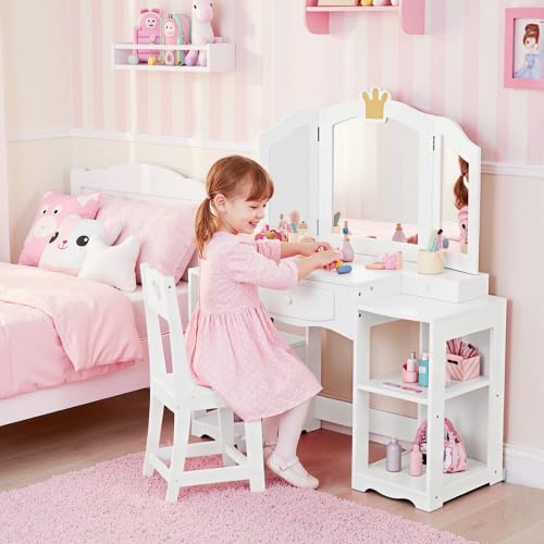 Bonnlo Coiffeuse pour Enfants 2 en 1, Meuble de Maquillage en Bois avec Mirror Amovible et Tabouret à Trois Volets, avec 4pcs Compartiments de Stockage, Coiffeuse Princesse, 104 * 38 * 55cm, Blanc