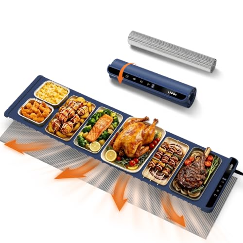 Image of Warming Mat for Food, 46x15 Inch, Dark Blue, Fast Heat, Child Lock | Includes heat-resistant pad. Perfect for chafing dishes, buffet & parties. Easy to clean & store. 6 settings, timer & lock.