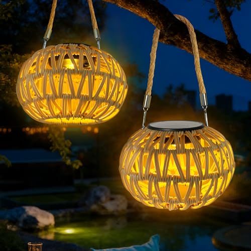 2 Stück Solarlampen Für Außen Hängend/Stehend, Solarlaterne Für Außen, IP65 Solar Lampions Außen Wetterfest, Solar Laternen Für Draußen, Rattan Solarleuchten Garten Balkon Patio, Solarlaterne Outdoor