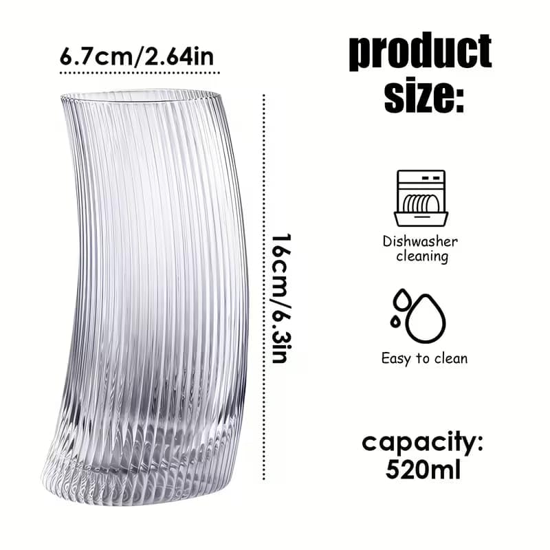 Image of PrimeWorld 520 ml Stripe Slanting Moon Shape Glass | Creative Cocktail, Juice & Milk Drinking Glass | Unique Designer Glass Tumbler for Parties, Home & Cafe