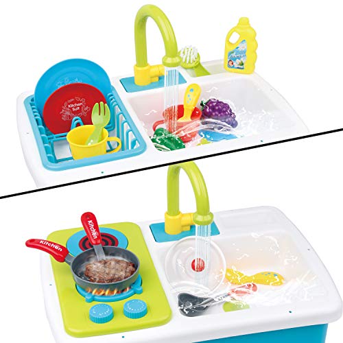 JOYIN Pretend-n-Play Play Kitchen Accessories Washing Dishes Toy Sink Playset with Running Water, Stove, Utensils and Playfood Cutting Food Toy