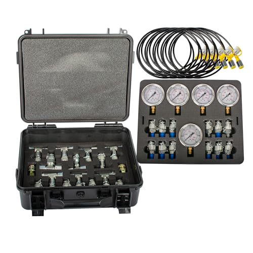 Image of Hydraulic Pressure Test Kit, Hydraulic Pressure Gauge Tester Set with 14 Couplings, 14 Tee Connector, 5 Gauges & 5 Hoses for Excavator
