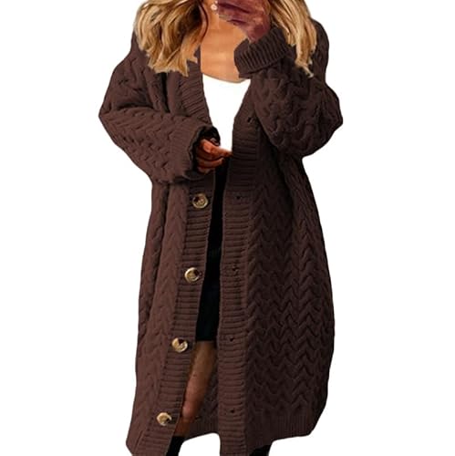 Womens Long Cardigan Chunky Cable Knit Fall Sweaters Lightweight Button Up Open Front Cardigans Oversized Coats Pocket