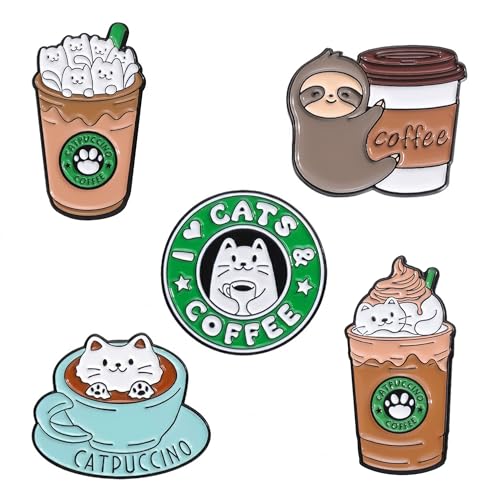 Image of 5Pcs Cute Coffee Cat Sloth Enamel Pin Set Cartoon Animal Coffee Cup Brooch Badges, Funny Lapel Pins for Backpacks, Jackets, Bags, Coffee Lover Gift