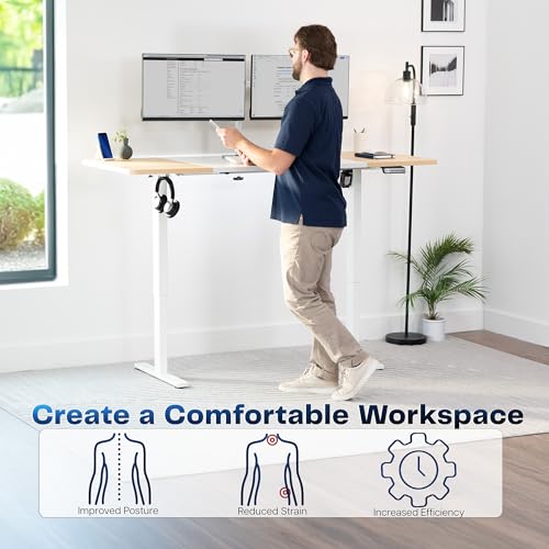 Image of VIVO White /Light Wood 71 x 30 in Standing Desk, DESK-KIT-1W7WC | Electric, Holds 220 lbs, Sit Stand, Height Adjustable, Extra Deep Table Top, Memory Presets, 1B Series, White Frame