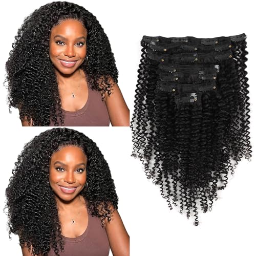 MIMIESEAT Kinky Curly Clip in Hair Extensions Real Human Hair 3C for Black Girl 4A Kinky Curly Human Hair Extension Clip ins Double Wefts Clip in Hair Natural Black 18 Inch 120G 7 Pcs Per Set